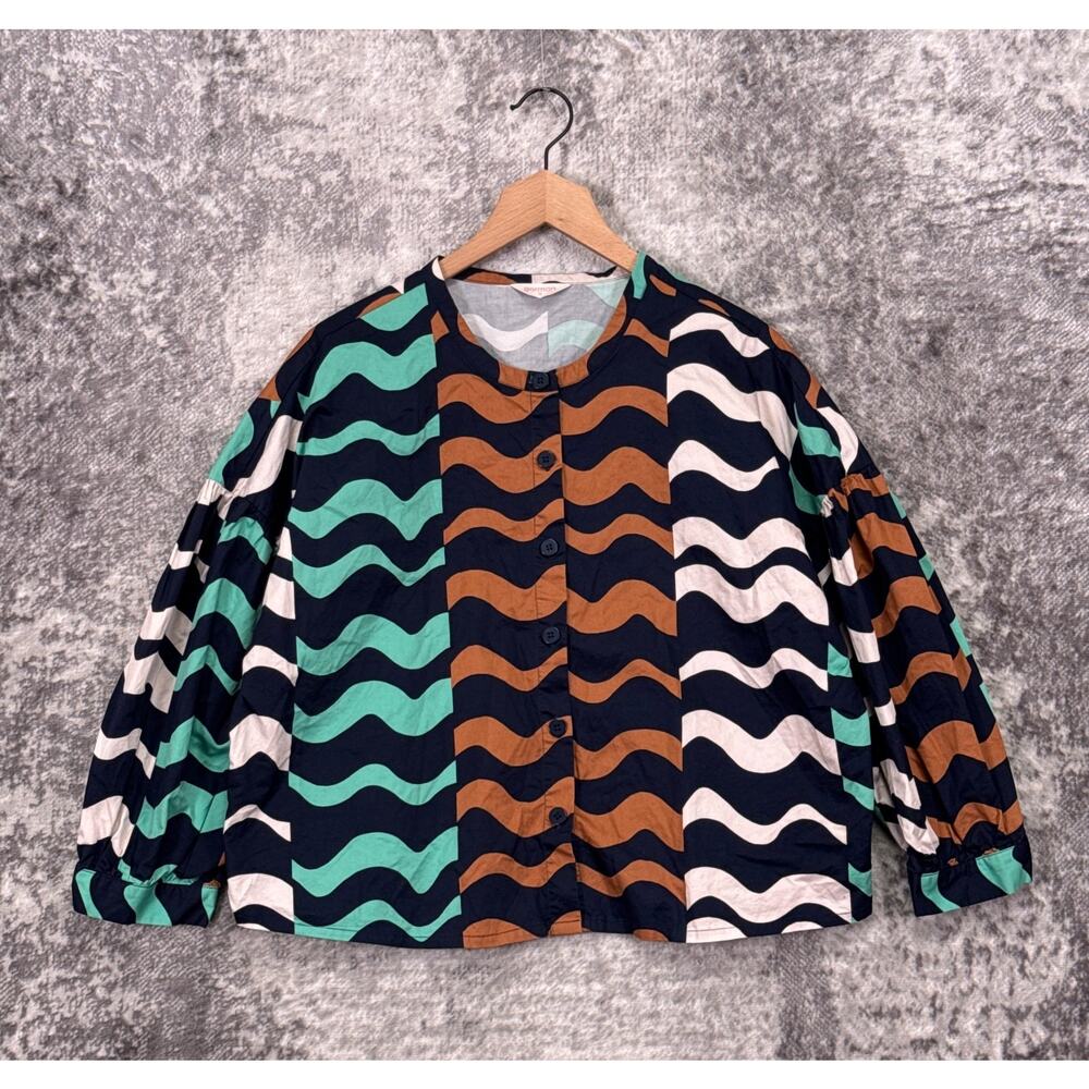 Gorman Top 12 Womens Organic Cotton Wave Print Button Down Blouse